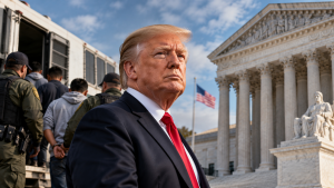 Illustration of Donald Trump standing in front of the U.S. Supreme Court, with immigration officers escorting detainees onto a transport vehicle, representing the administration’s third-country deportation policy.